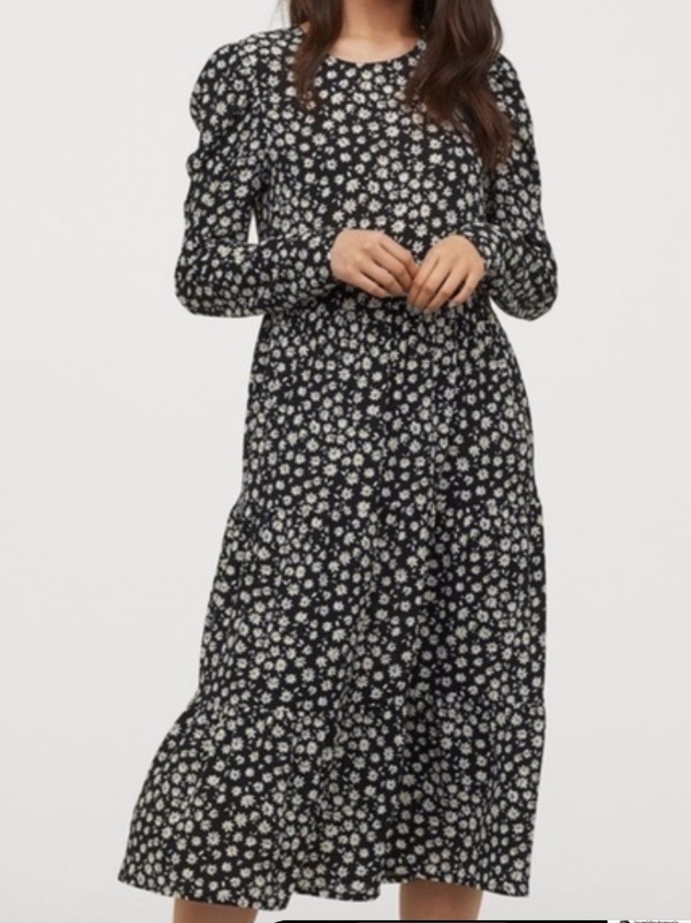 H&M Black Daisy Floral Long Sleeve Midi Dress